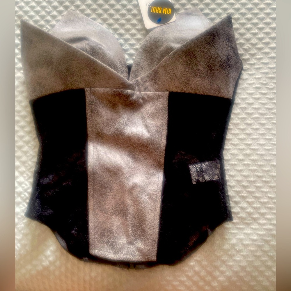 Corset top by Kith - Grey & Black with lace on the side and faux leather.